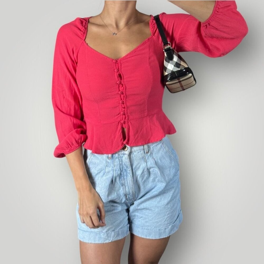 Abercrombie & Fitch Red Peplum Blouse Button Puffed Sleeves Romantic Peasant XS